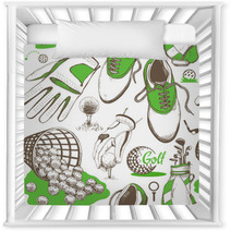 Seamless Golf Pattern With Basket Shoes Car Putter Ball Gloves Bag Vector Set Of Hand Drawn Sports Equipment Illustration In Sketch Style On White Background Nursery Decor 169744423