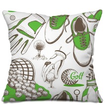 Seamless Golf Pattern With Basket Shoes Car Putter Ball Gloves Bag Vector Set Of Hand Drawn Sports Equipment Illustration In Sketch Style On White Background Pillows 169744423