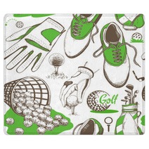 Seamless Golf Pattern With Basket Shoes Car Putter Ball Gloves Bag Vector Set Of Hand Drawn Sports Equipment Illustration In Sketch Style On White Background Rugs 169744423
