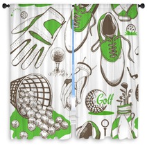 Seamless Golf Pattern With Basket Shoes Car Putter Ball Gloves Bag Vector Set Of Hand Drawn Sports Equipment Illustration In Sketch Style On White Background Window Curtains 169744423