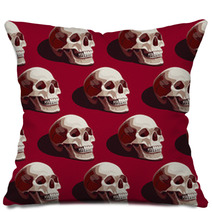 Seamless Halloween Pattern With Skulls On A Dark Red Background Pillows 144653140