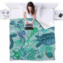 Seamless Pattern Of Sea Animals Blankets 66922809