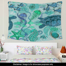 Seamless Pattern Of Sea Animals Wall Art 66922809