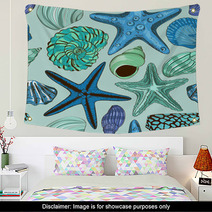 Seamless Pattern Of Seashells And Starfish Wall Art 66923069