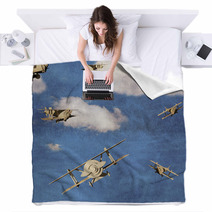 Seamless Pattern With 3d Airplanes In Blue Sky With Clouds Blankets 57530033