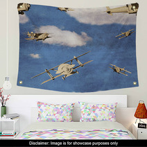 Seamless Pattern With 3d Airplanes In Blue Sky With Clouds Wall Art 57530033