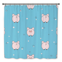 Seamless Pattern With Cute Little Pigs On Blue Background Vector Illustration For Kids Design Bath Decor 191202349