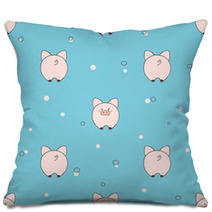 Seamless Pattern With Cute Little Pigs On Blue Background Vector Illustration For Kids Design Pillows 191202349