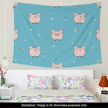 Seamless Pattern With Cute Little Pigs On Blue Background Vector Illustration For Kids Design Wall Art 191202349