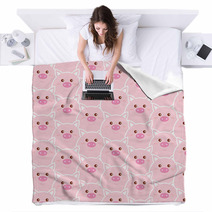 Seamless Pattern With Cute Pink Pig Faces Vector Cartoon Illustration Blankets 228011640