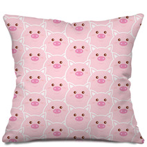 Seamless Pattern With Cute Pink Pig Faces Vector Cartoon Illustration Pillows 228011640