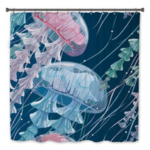Seamless Pattern With Detailed Transparent Jellyfish Pink And Blue Sea Jelly On Blue Background Vector Illustration Bath Decor 142903002