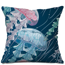 Seamless Pattern With Detailed Transparent Jellyfish Pink And Blue Sea Jelly On Blue Background Vector Illustration Pillows 142903002