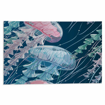 Seamless Pattern With Detailed Transparent Jellyfish Pink And Blue Sea Jelly On Blue Background Vector Illustration Rugs 142903002