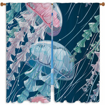 Seamless Pattern With Detailed Transparent Jellyfish Pink And Blue Sea Jelly On Blue Background Vector Illustration Window Curtains 142903002