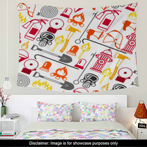 Seamless Pattern With Firefighting Items Fire Protection Equipment Wall Art 153411999