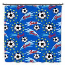 Seamless Pattern With Flying Soccer Ball Yellow Stars And An Inscription Goal On A Blue Background Bath Decor 137064103