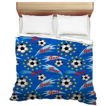 Seamless Pattern With Flying Soccer Ball Yellow Stars And An Inscription Goal On A Blue Background Bedding 137064103