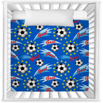 Seamless Pattern With Flying Soccer Ball Yellow Stars And An Inscription Goal On A Blue Background Nursery Decor 137064103