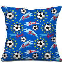 Seamless Pattern With Flying Soccer Ball Yellow Stars And An Inscription Goal On A Blue Background Pillows 137064103
