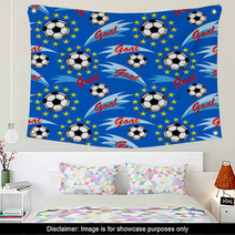 Seamless Pattern With Flying Soccer Ball Yellow Stars And An Inscription Goal On A Blue Background Wall Art 137064103