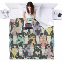 Seamless Pattern With Hipster Cute Cats For Children Blankets 58024892