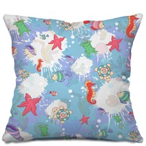Seamless Pattern With Sea Inhabita Pillows 133429180