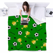 Seamless Pattern With Soccer Ball And Winner Cup Seamless Football Background Blankets 192463607