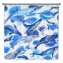 Seamless Pattern With Watercolor Whales On White Background Bath Decor 128588224