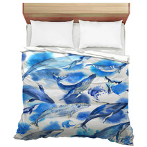 Seamless Pattern With Watercolor Whales On White Background Bedding 128588224