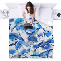 Seamless Pattern With Watercolor Whales On White Background Blankets 128588224