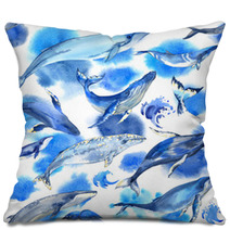 Seamless Pattern With Watercolor Whales On White Background Pillows 128588224