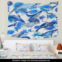 Seamless Pattern With Watercolor Whales On White Background Wall Art 128588224
