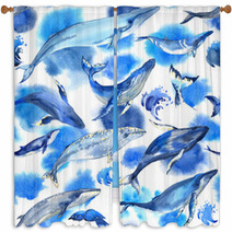 Seamless Pattern With Watercolor Whales On White Background Window Curtains 128588224