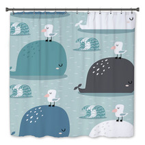 Seamless Pattern With Whale And Gull Childish Texture For Fabric Textile Apparel Vector Background Bath Decor 207447006