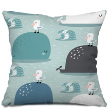 Seamless Pattern With Whale And Gull Childish Texture For Fabric Textile Apparel Vector Background Pillows 207447006