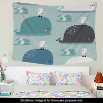 Seamless Pattern With Whale And Gull Childish Texture For Fabric Textile Apparel Vector Background Wall Art 207447006