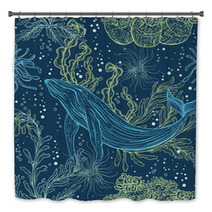Seamless Pattern With Whale Marine Plants And Seaweeds Vintage Hand Drawn Marine Life Vector Illustration Bath Decor 116918312