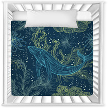 Seamless Pattern With Whale Marine Plants And Seaweeds Vintage Hand Drawn Marine Life Vector Illustration Nursery Decor 116918312