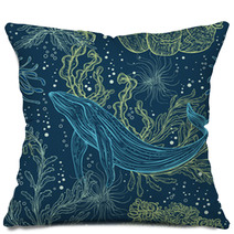 Seamless Pattern With Whale Marine Plants And Seaweeds Vintage Hand Drawn Marine Life Vector Illustration Pillows 116918312