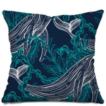 Seamless Pattern With Whale Marine Plants And Seaweeds Vintage Set Of Black And White Hand Drawn Marine Life Isolated Vector Illustration In Line Art Style Design For Summer Beach Decorations Pillows 104063970