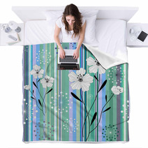 Seamless White-blue Floral Striped Pattern Blankets 26294186