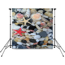 Seashell, Starfish And Colorful Pebble Stones Backdrops 54641541