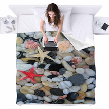 Seashell, Starfish And Colorful Pebble Stones Blankets 54641541
