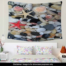 Seashell, Starfish And Colorful Pebble Stones Wall Art 54641541