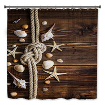 Seashells Border On Wood. Marine Background Bath Decor 67978084