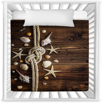 Seashells Border On Wood. Marine Background Nursery Decor 67978084
