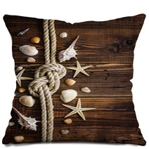Seashells Border On Wood. Marine Background Pillows 67978084
