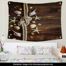 Seashells Border On Wood. Marine Background Wall Art 67978084