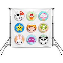 Set Of Badges With The Kawaii (cute) Japanese Style Characters Backdrops 12244627